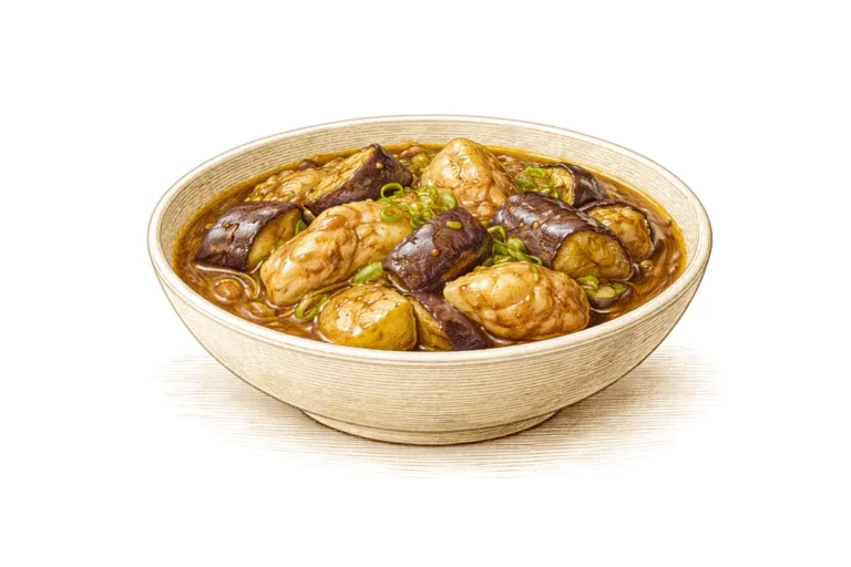Hähnchen und Aubergine in Miso geschmort